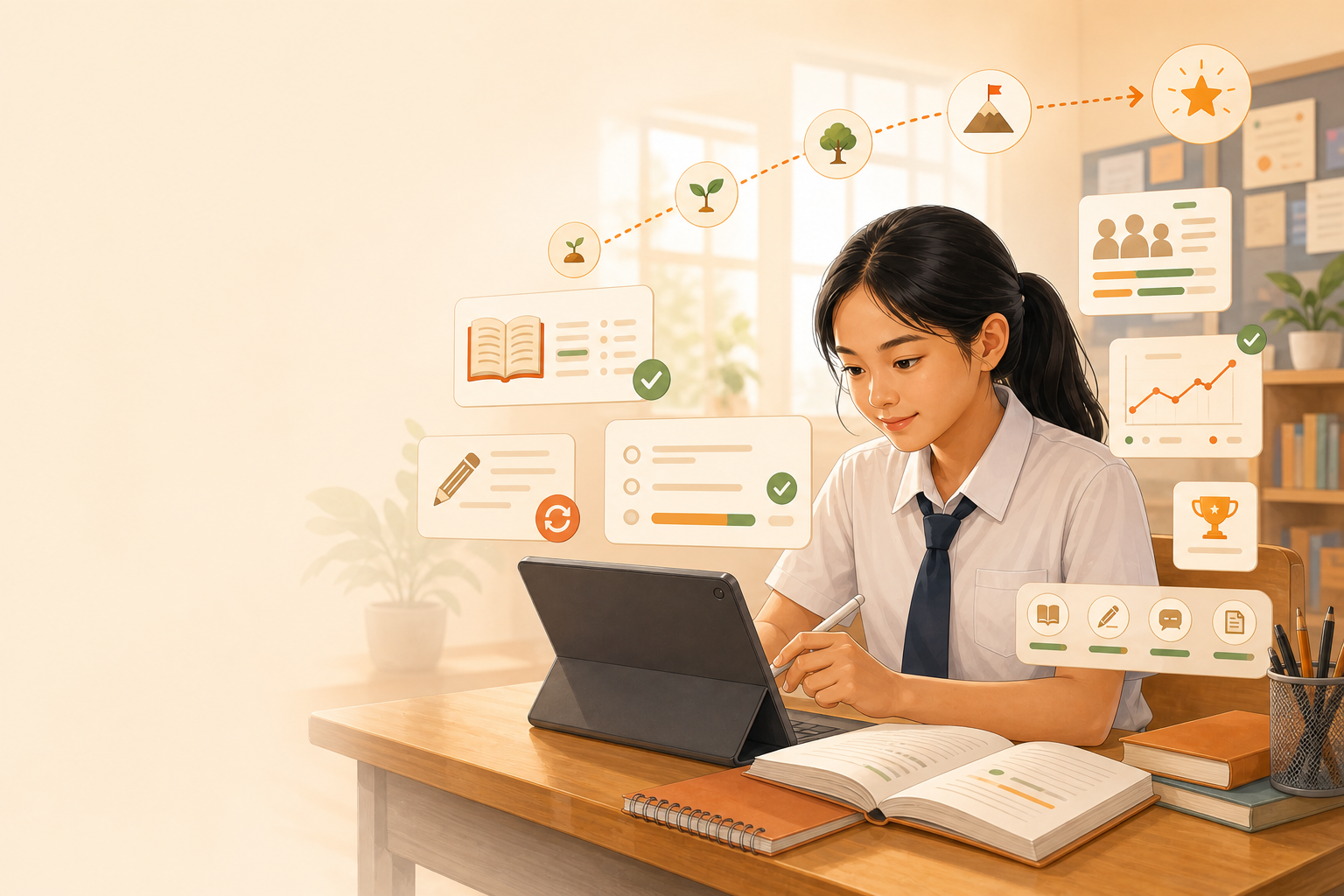 Malaysian student practising English with feedback, retry prompts, and progress cards.
