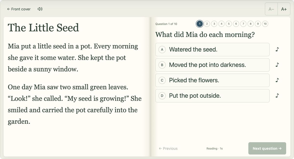 Reading passage with comprehension questions
