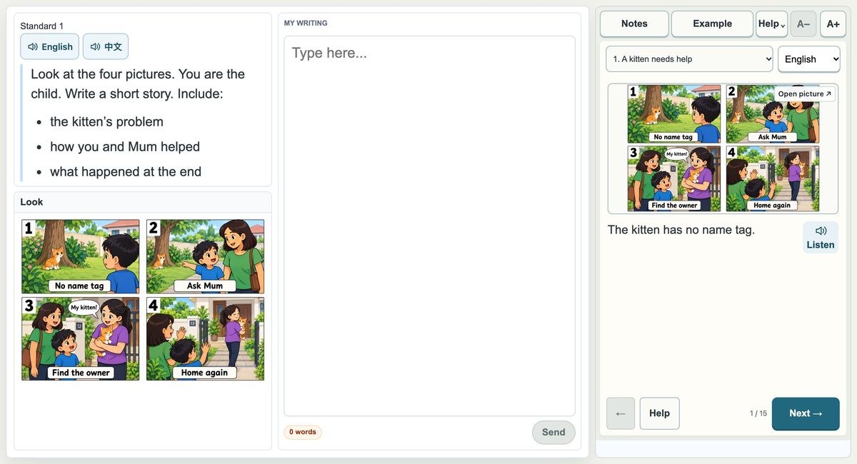 AI Writing interface with a picture-story prompt and built-in support